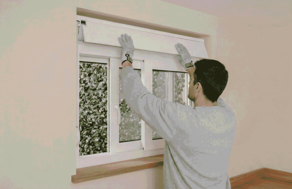 Técnico reparando el mecanismo de una persiana atascada y sustituyendo la cinta rota en un piso de Leganés. Servicio de mantenimiento de ventanas de aluminio.
