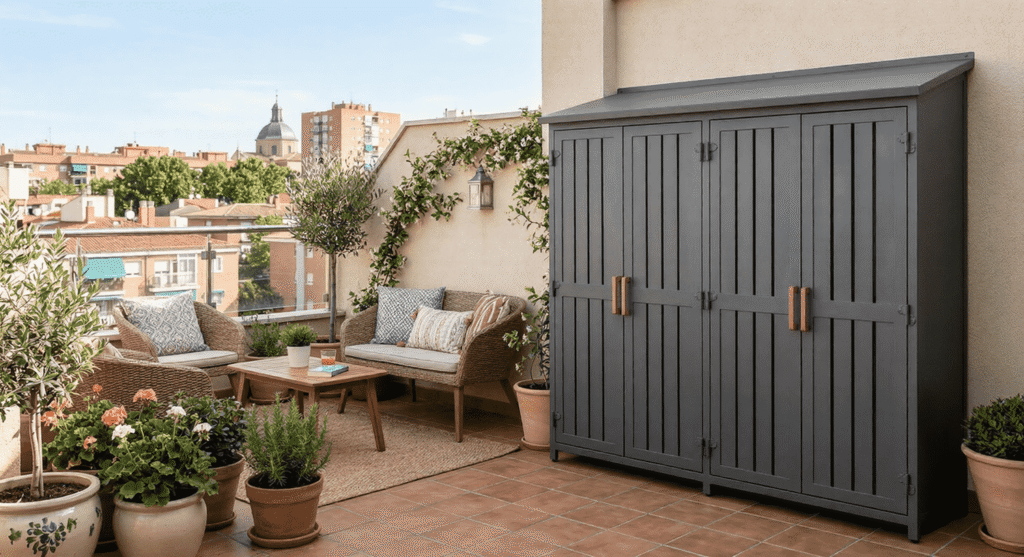 Armario de exterior metálico color gris antracita fabricado a medida en terraza de Leganés con acabados premium y diseño minimalista.